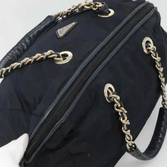 PRADA Chain Shoulder Bag Nylon Navy Gold Auth bs24456